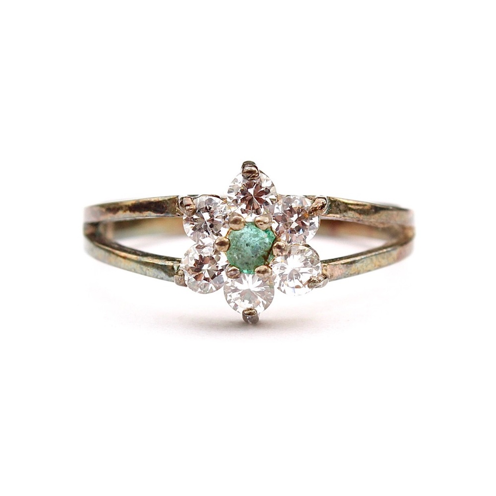 Vintage Avon Genuine Emerald & Cubic Zirconia Sterling Silver Flower Ring Size 9